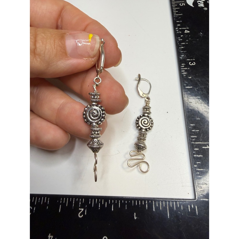 Boho Silver Tone Spiral Drop Earrings Artisan Dangle Leverback Eclectic Jewelry